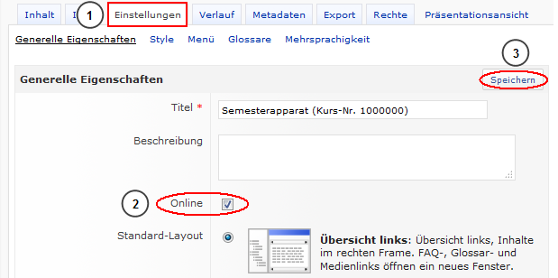 Im Reiter "Einstellungen" den Semesterapparat online schalten