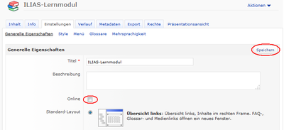 Screenshot: ILIAS-Lernmodul online schalten