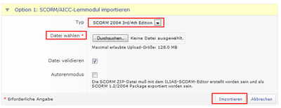 Screenshot: Scorm-Lernmodul importieren