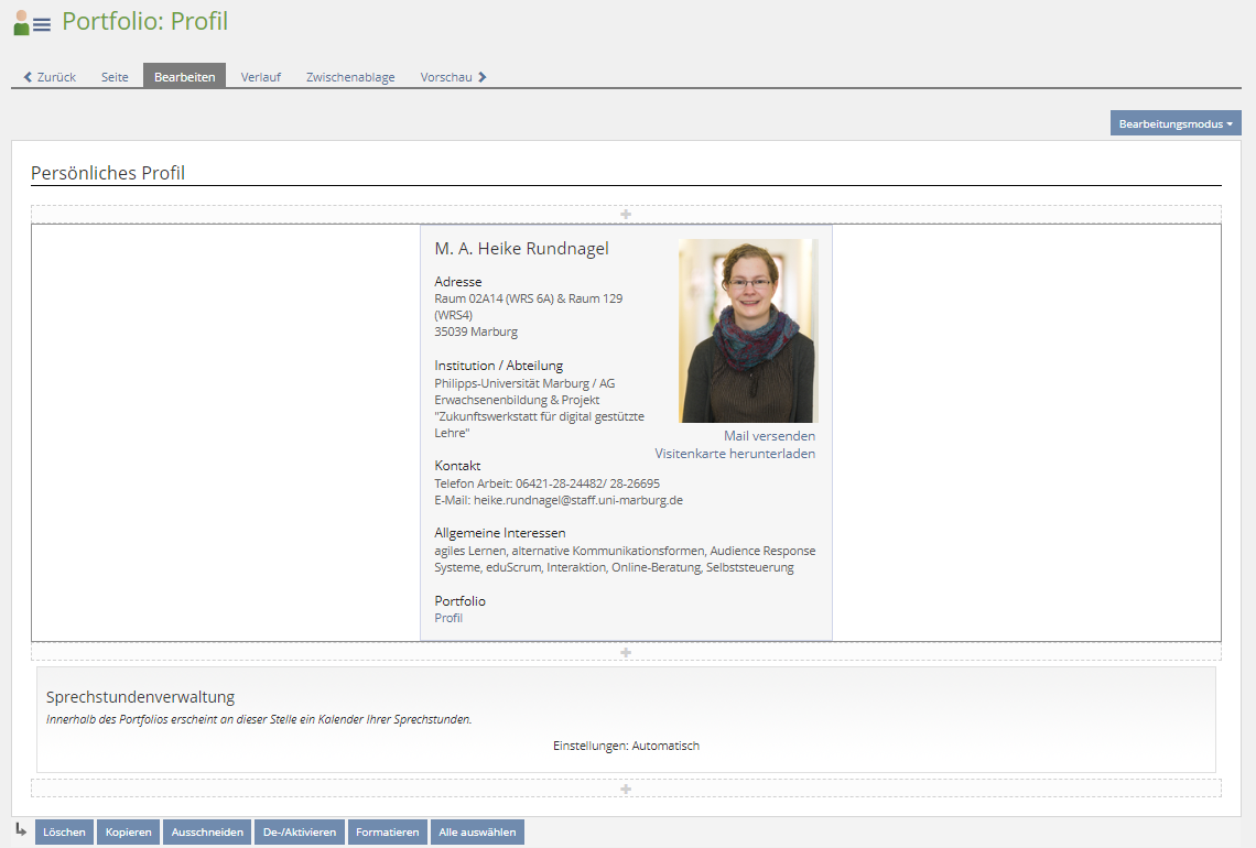 ILIAS Screenshot der die Einbindung des persönlichen Profils in ein Portfolio erläutert
