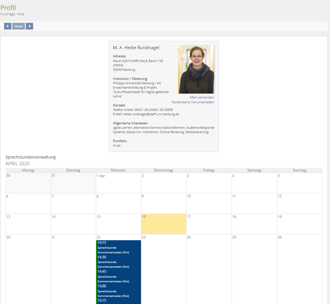 ILIAS Screenshot der das persönliche Profil mit fertig angelegtem Kalender zeigt