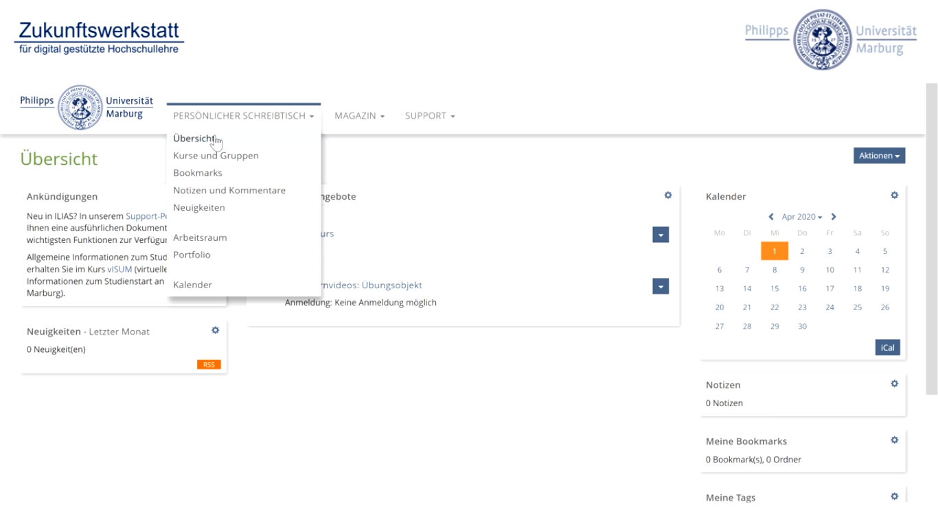 Screenshot aus ILIAS zum Persönlichen Schreibtisch