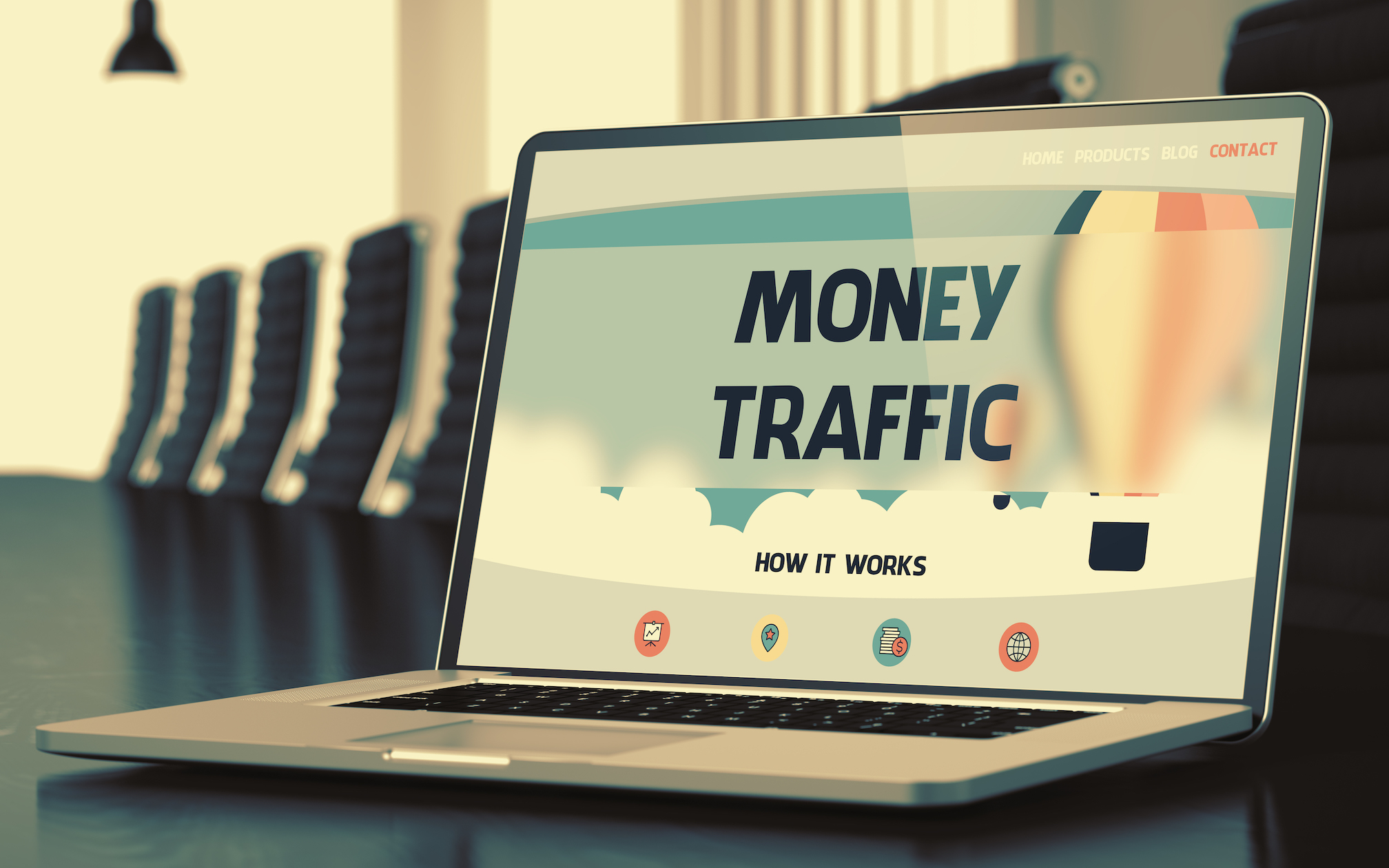 dekoratives Bild mit geöffnetem Laptop mit gezeigtem Inhalt Money Traffic