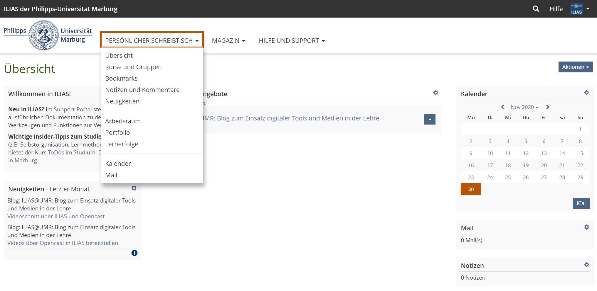 Darstellung des persönlichen Schreibtisches mit aktiviertem Accessibility-Skin