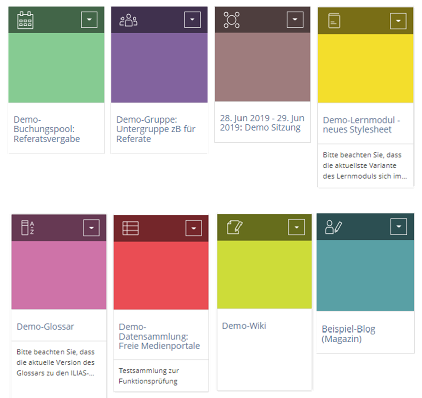 Das Bild zeigt, wie die Kacheln im Kurs aussehen. Auf dem Bild werden acht Kacheln in den Standardfarben für die ILIAS-eigenen Objekte angezeigt