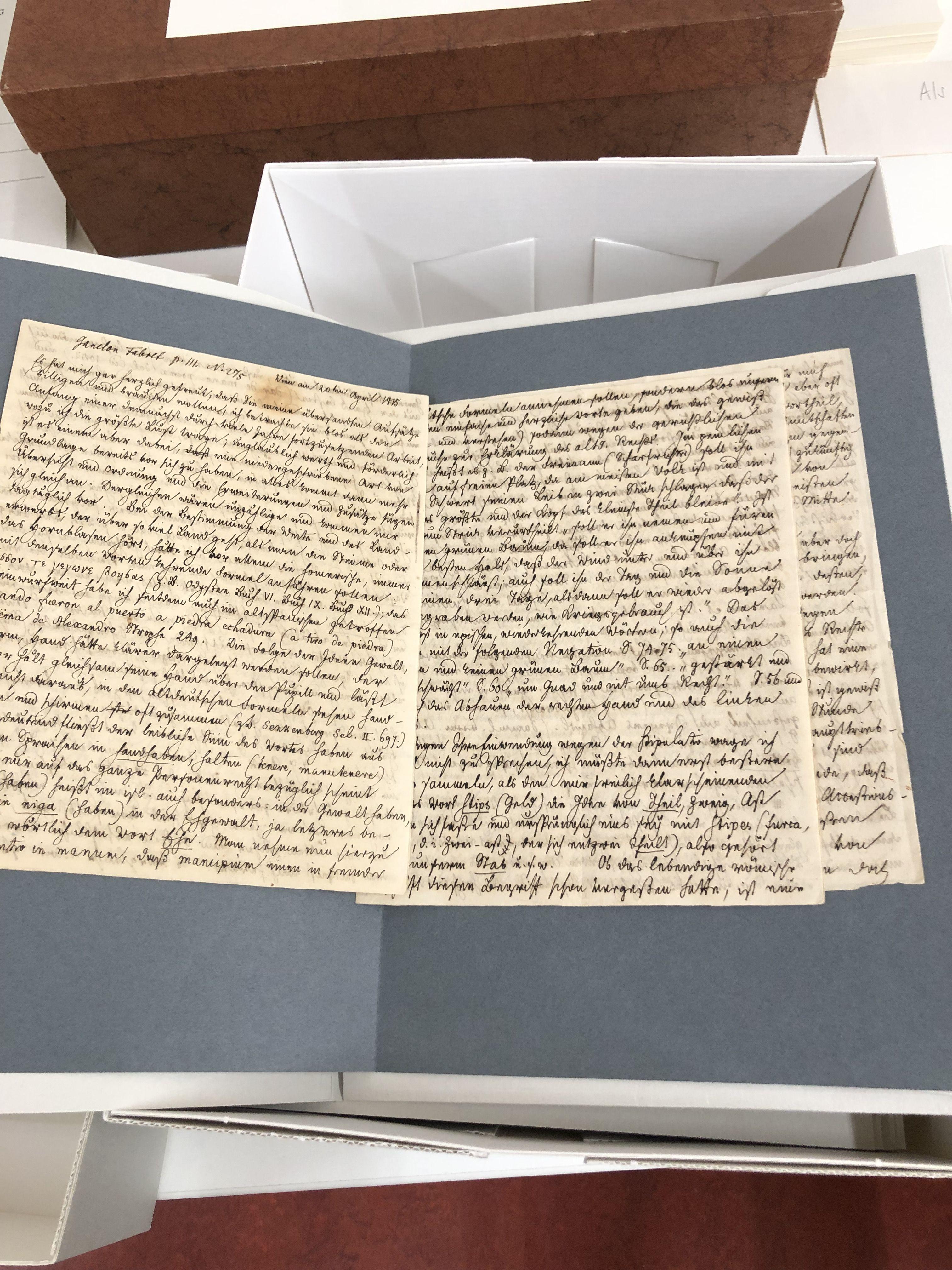 Archivkarton mit Brief aus dem Savigny Nachlass (Foto: A. Esch)