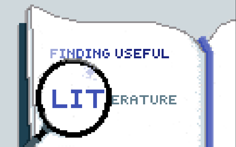 This picture is a pixel-art of a page in an open book. Written on it is "Finding Useful Literature". The "Lit" in "Literature" is shown through a magnifying glass.