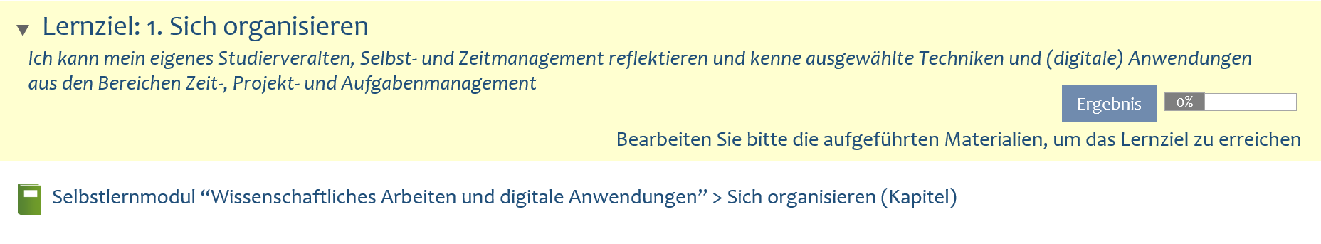 ILIAS Screenshot der Auswertung des Erreichens eines Lernziels mit dem Ergebnis null Prozent