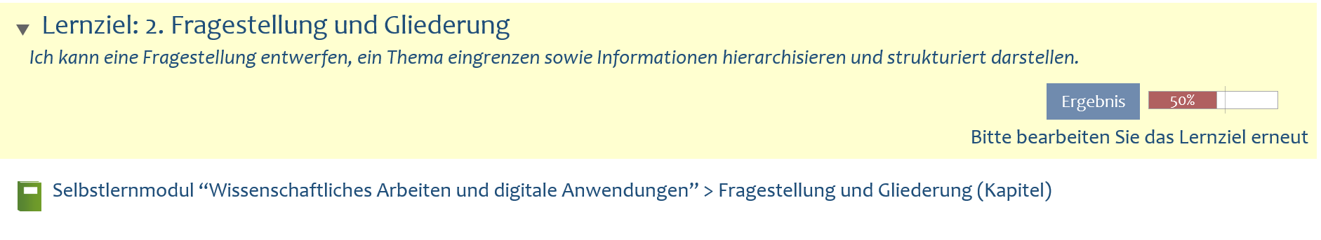 ILIAS Screenshot der Auswertung des Erreichens eines Lernziels mit dem Ergebnis fünfzig Prozent