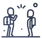 Piktogramm von zwei Figuren mit Rucksäcken, die sich unterhalten