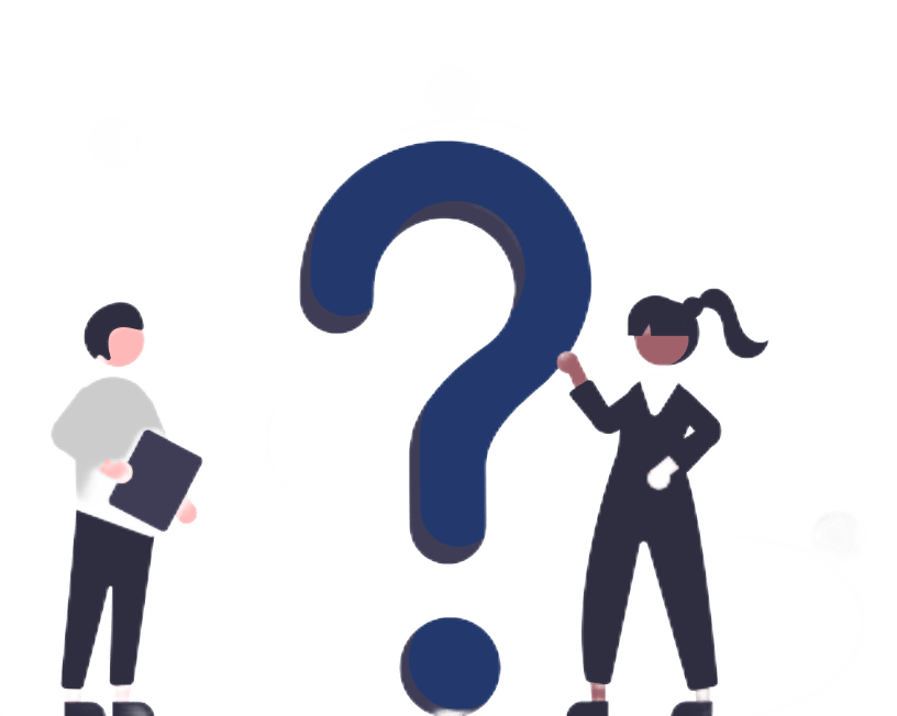 Zwei Studenten, in der Mitte ein Fragezeichen, der eine hat ein Fragepapier, die andere ist bereit zu helfen.