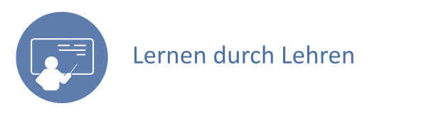 Graublauer Button, auf der eine Person abgebildet ist, die auf eine beschriebene Tafel zeigt. Daneben der Text: Lernen durch Lehren.