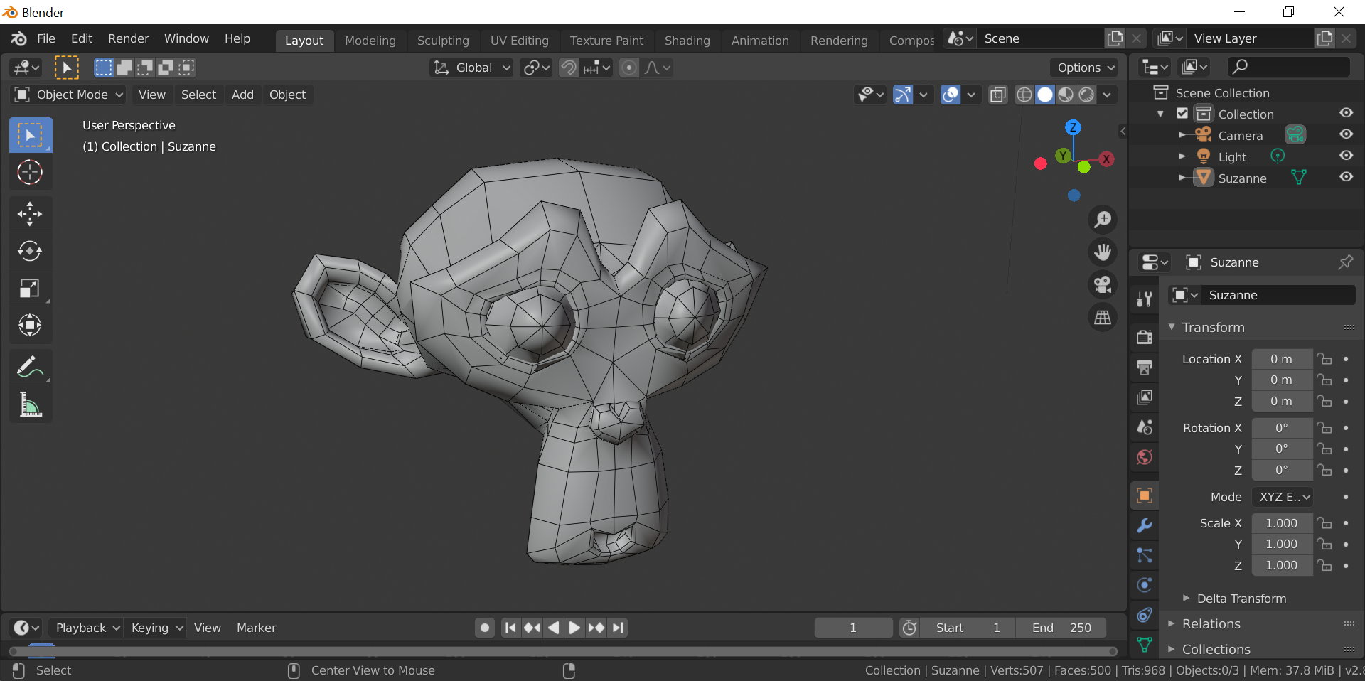 Ein Bild eines 3D-Modells im Programm Blender. Es zeigt einen stilisierten Affenkopf.