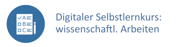 Blauer Button mit einem Aufgabenzettel, daneben der Text: Digitaler Selbstlernkurs