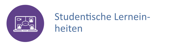 Lila Button, auf dem ein Laptop zu sehen ist, auf dem ein digitales Meeting stattfindet. Daneben der Text: Studentische Lerneinheiten