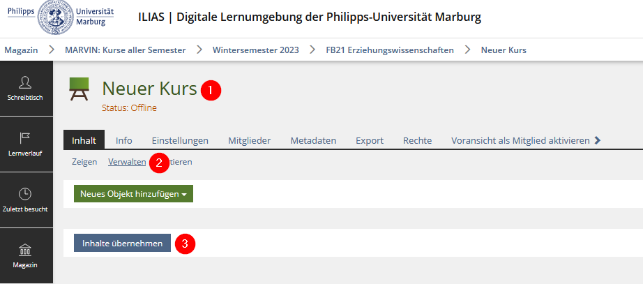 Im neuen Kurs Button Inhalt übernehmen auswählen.