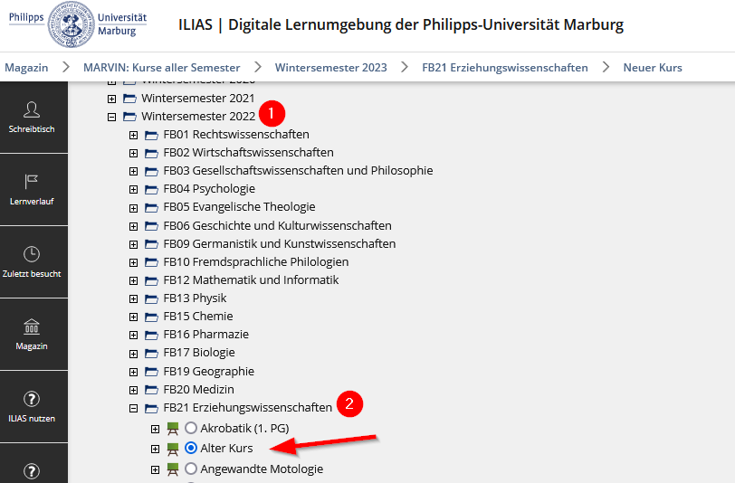 Alten Kurs im Baum auswählen und mit dem Button "Weiter" bestätigen.