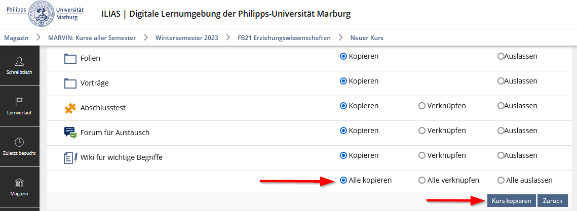 Inhalte, die kopiert werden sollen, auswählen.