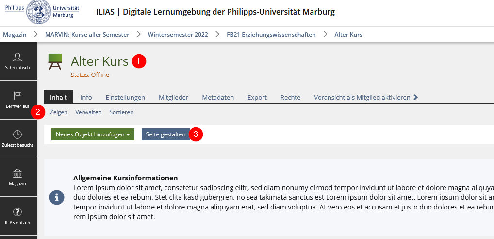 Im alten Kurs die Option Seite gestalten auswählen.