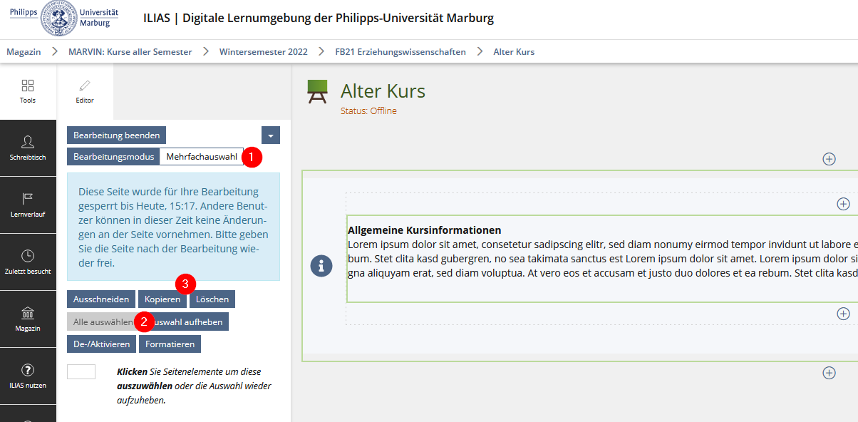 Modus Mehrfachauswahl und Alles auswählen.