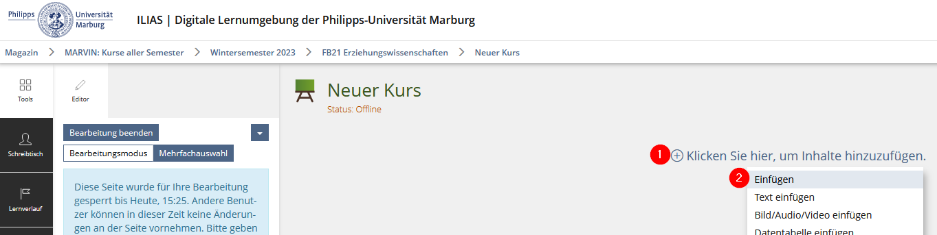 Im neuen Kurs die Inhalte einfügen.