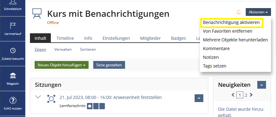 Screenshot Aktionsmenü, erste Option "Benachrichtigung aktivieren" ist gelb eingerahmt.