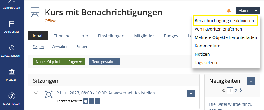 Screenshot: Aktionsmenü, die erste Option "Benachrichtigungen deaktivieren" ist gelb markiert.