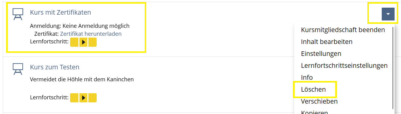 Screenshot Kurs löschen
