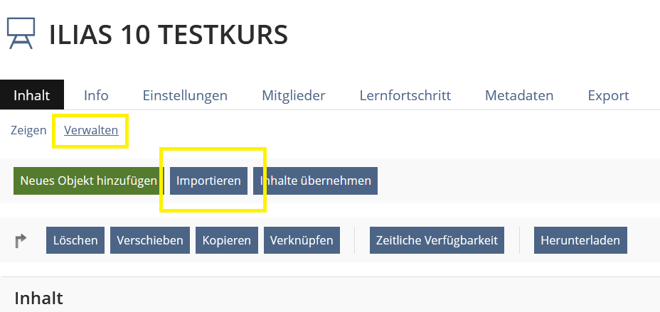 Screenshot Kursansicht Inhalt > Verwalten > Importieren