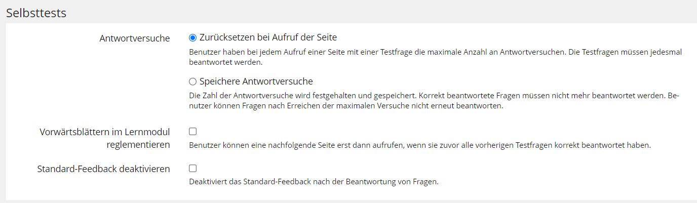 gezeigt ist ein Screenshot der Einstellungen des Selbstlernmoduls, genauer des Bereichs "Selbsttests"