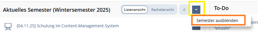 Screenshot ausgeklapptes Aktionsmenü, einzige Option "Semester ausblenden"