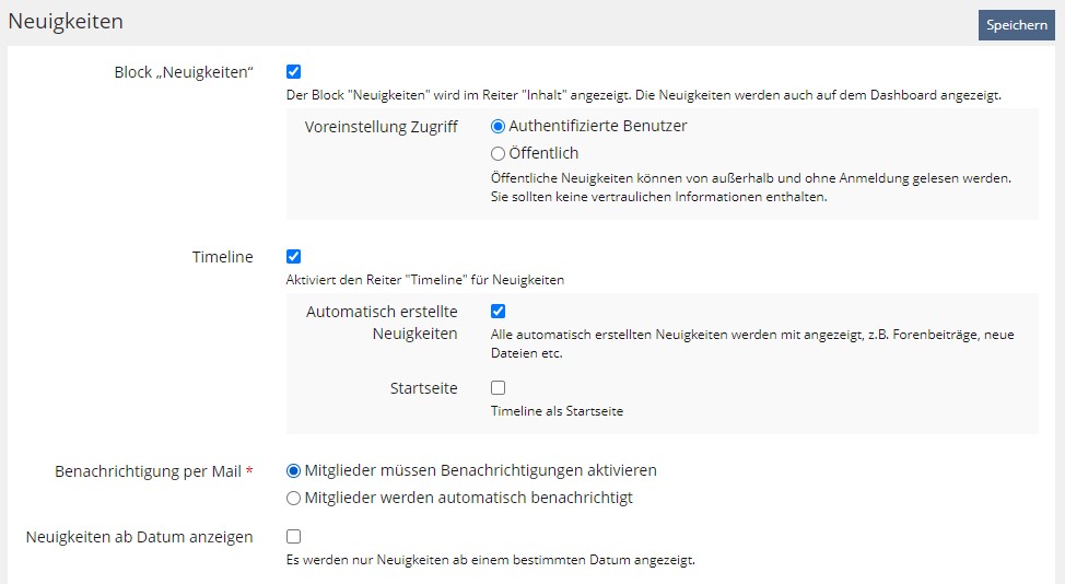 Screenshot des Menüs für die Einstellungen zu den Neuigkeiten