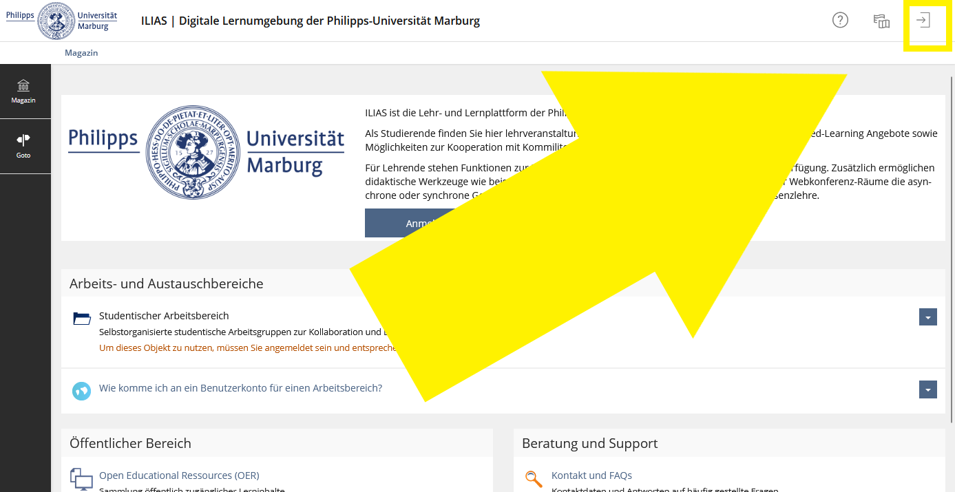 Startseite von ILIAS, der Login oben rechts ist mit einem großen Pfeil markiert.