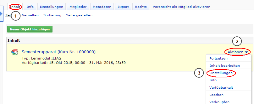 Über das Aktionen-Menü (rechts neben dem Semesterapparat) in die Einstellungen wechseln